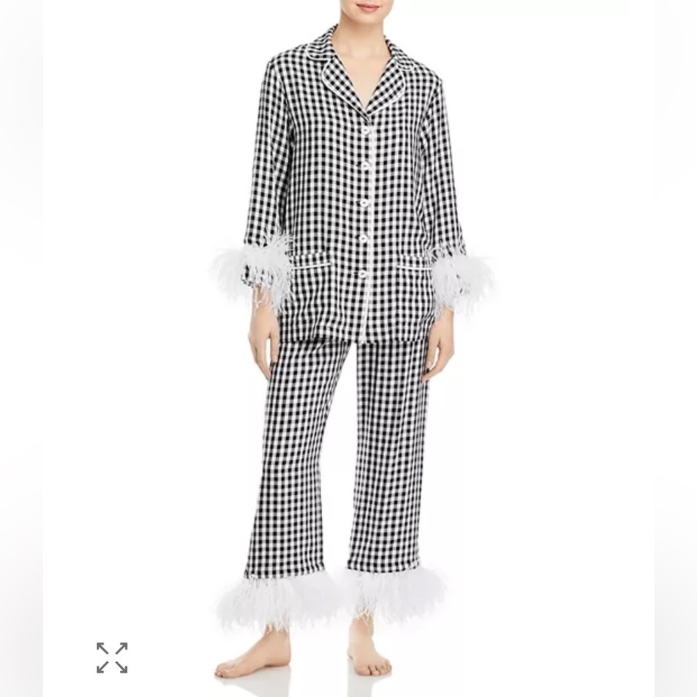 Sleeper Checkered Black & White Gingham ostrich Feather-Trim Pajama Set Small